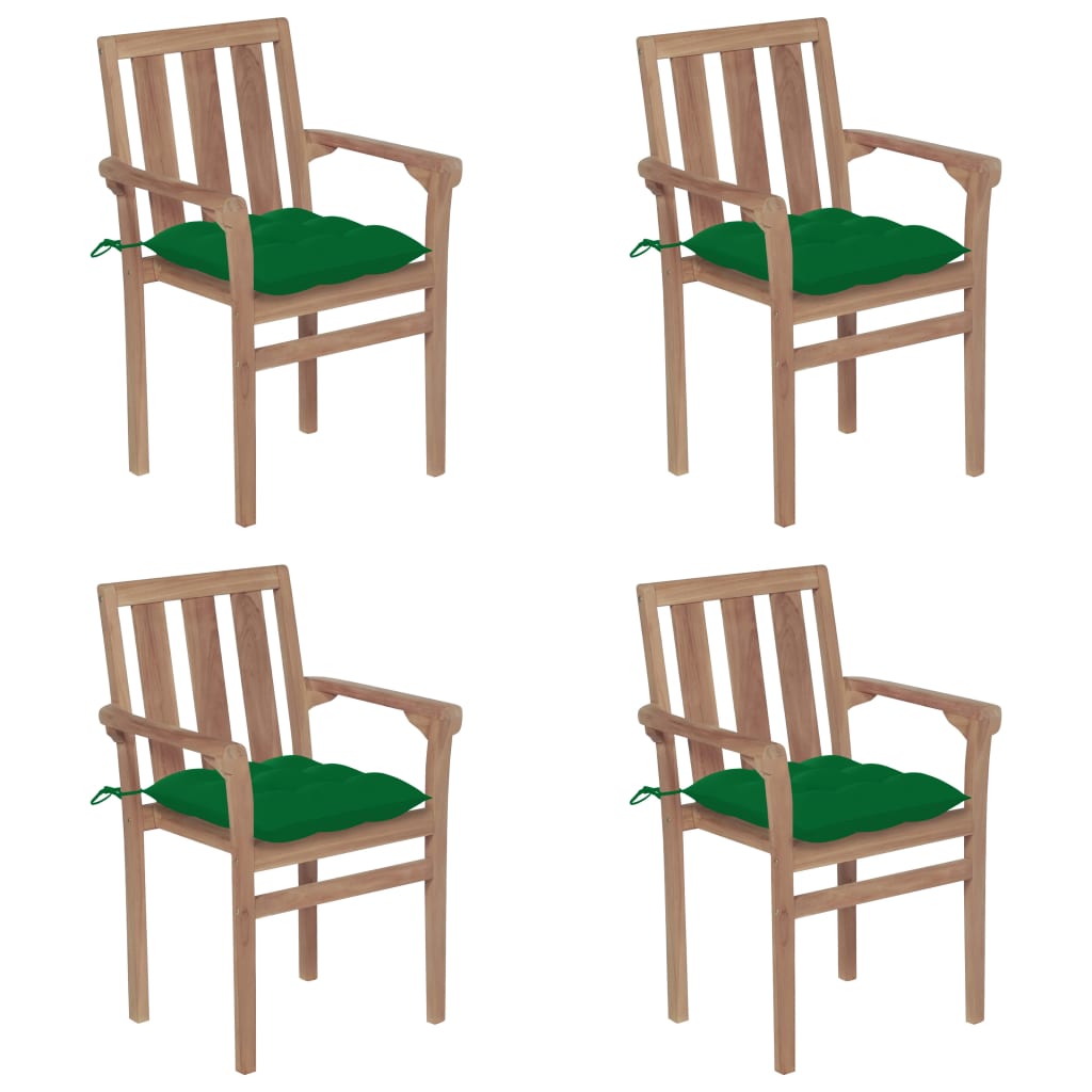 Set Scaune gradina stivuibile cu perne, 4 buc maro/Verde, lemn masiv tec 3073399