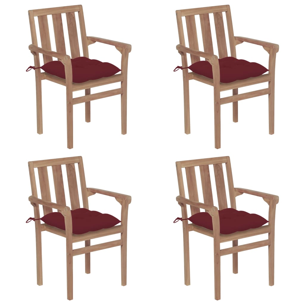 Set Scaune de gradina stivuibile cu perne, 4 buc maro/Rosu, lemn masiv tec 3073403