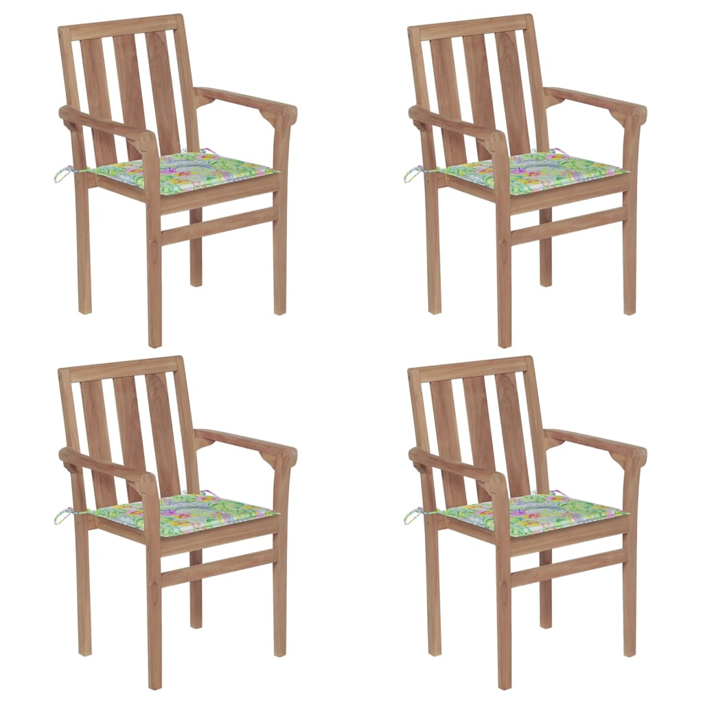 Set Scaune gradina stivuibile cu perne, 4 buc maro/Verde, lemn masiv tec 3073391