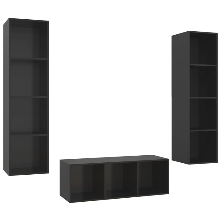 Set de dulapuri TV vidaXL, 3 piese, negru extralucios, lemn prelucrat, 41.5 kg
