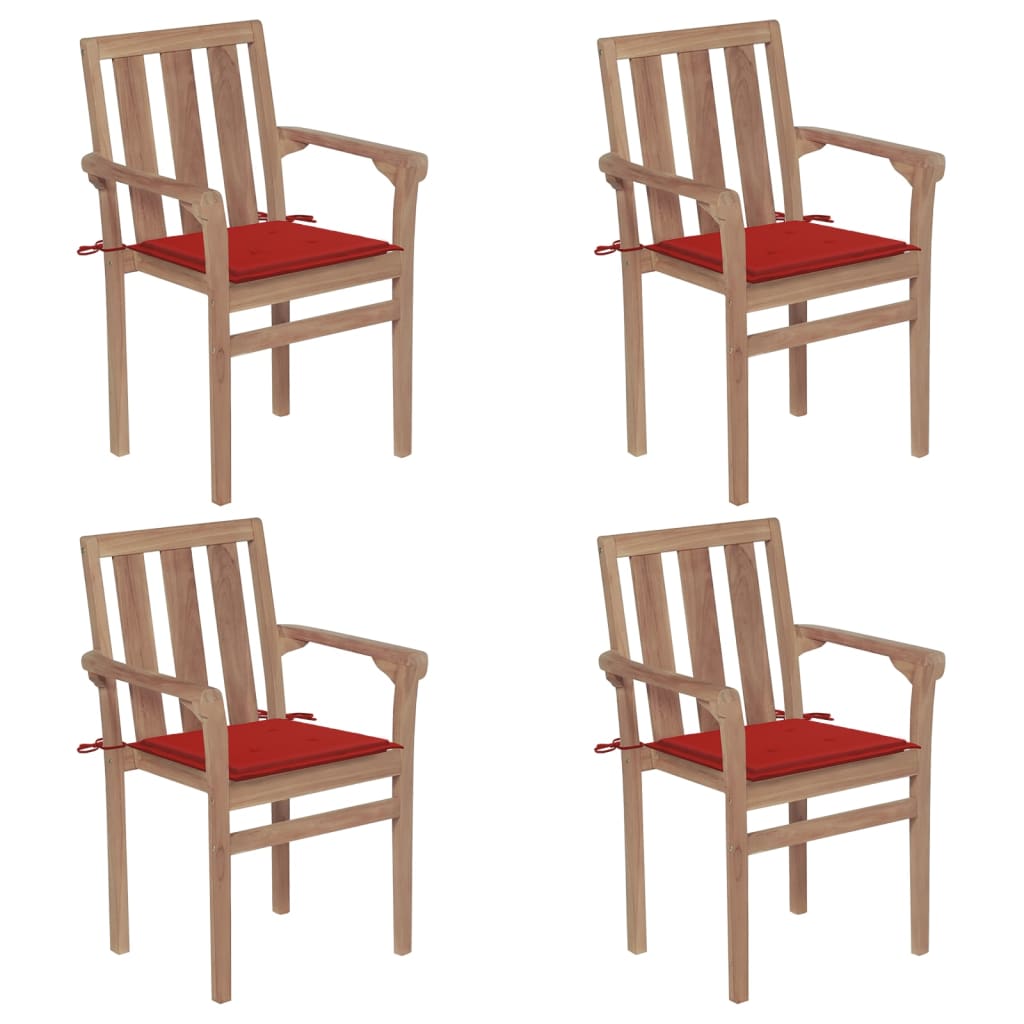 Set Scaune de gradina stivuibile cu perne, 4 buc maro/Rosu, lemn masiv tec 3073385