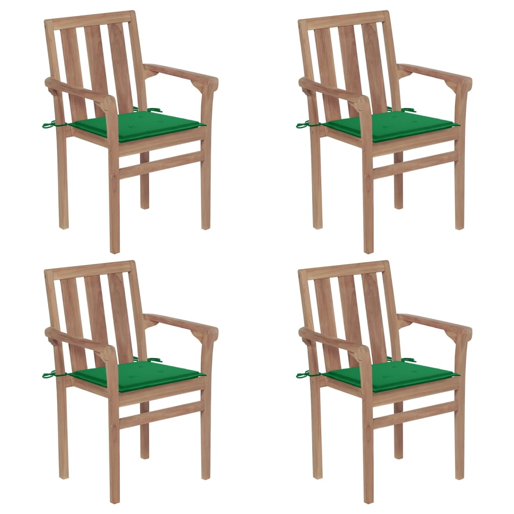 Set Scaune de gradina stivuibile cu perne, 4 buc maro/Verde, lemn masiv tec 3073384