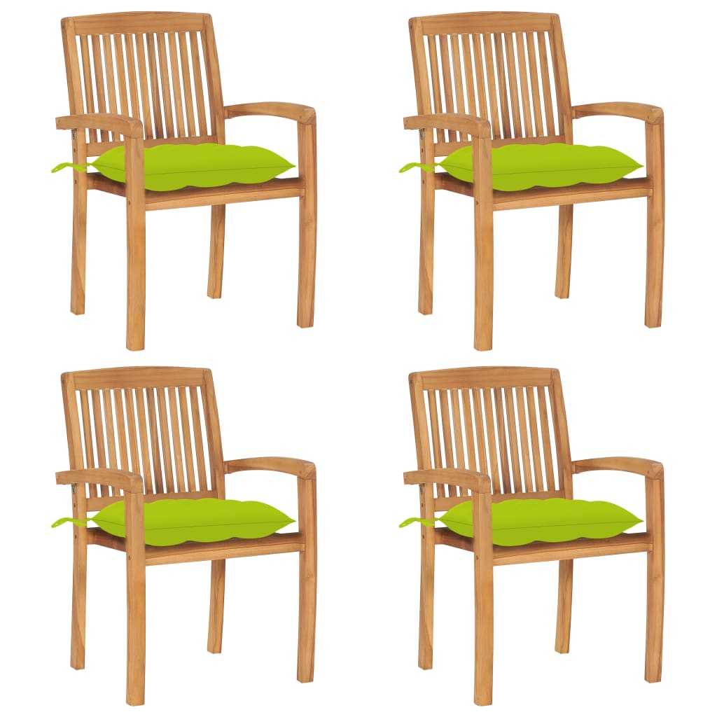 Set Scaune gradina stivuibile cu perne, 4 buc maro/Verde, lemn masiv tec 3073266