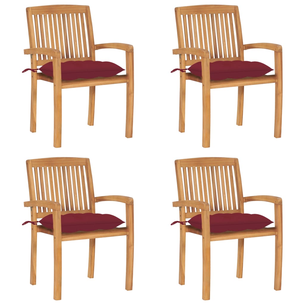 Set Scaune gradina stivuibile cu perne, 4 buc, maro/Rosu lemn masiv tec 3073264
