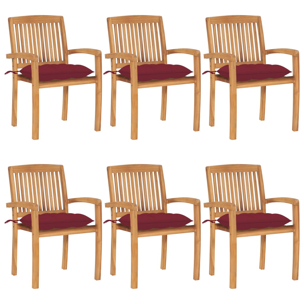 Set de 6 scaune stivuibile de gradina cu perne vidaXL, Lemn, 60 x 57.5 x 90 cm, perna 7 cm, Maro/Rosu vin