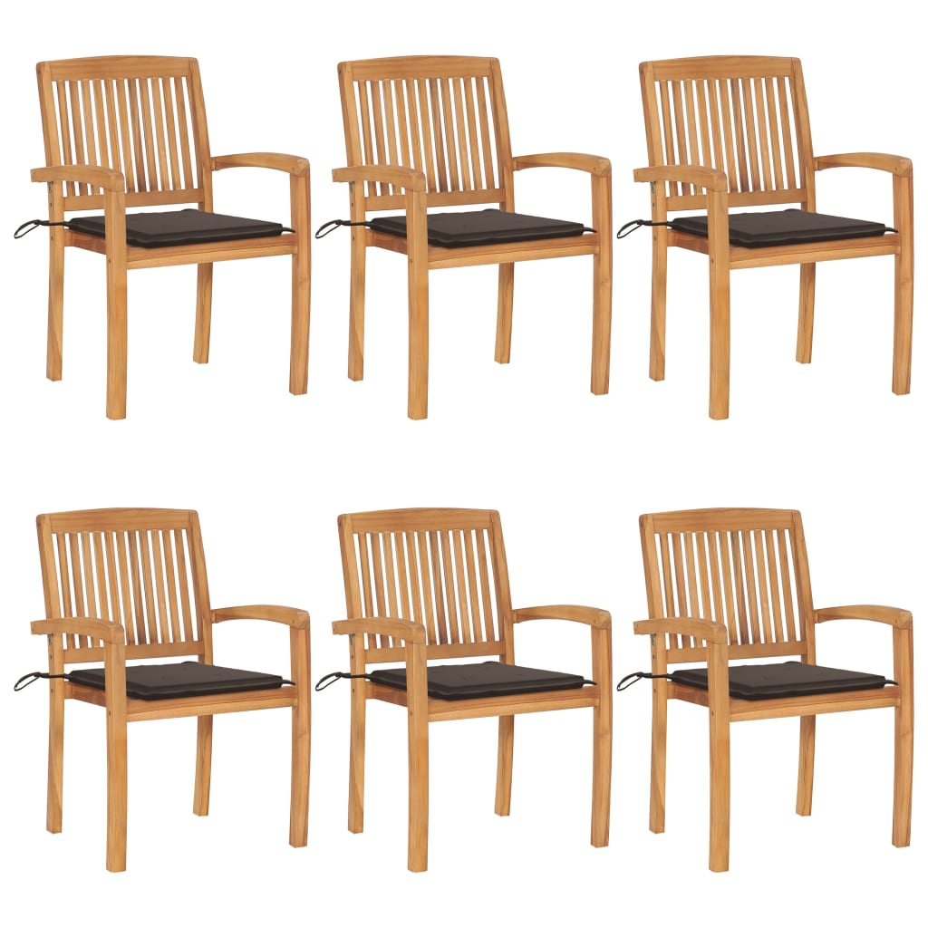 Set Scaune gradina stivuibile cu perne, 6 buc maro/gri taupe , lemn masiv tec 3073233