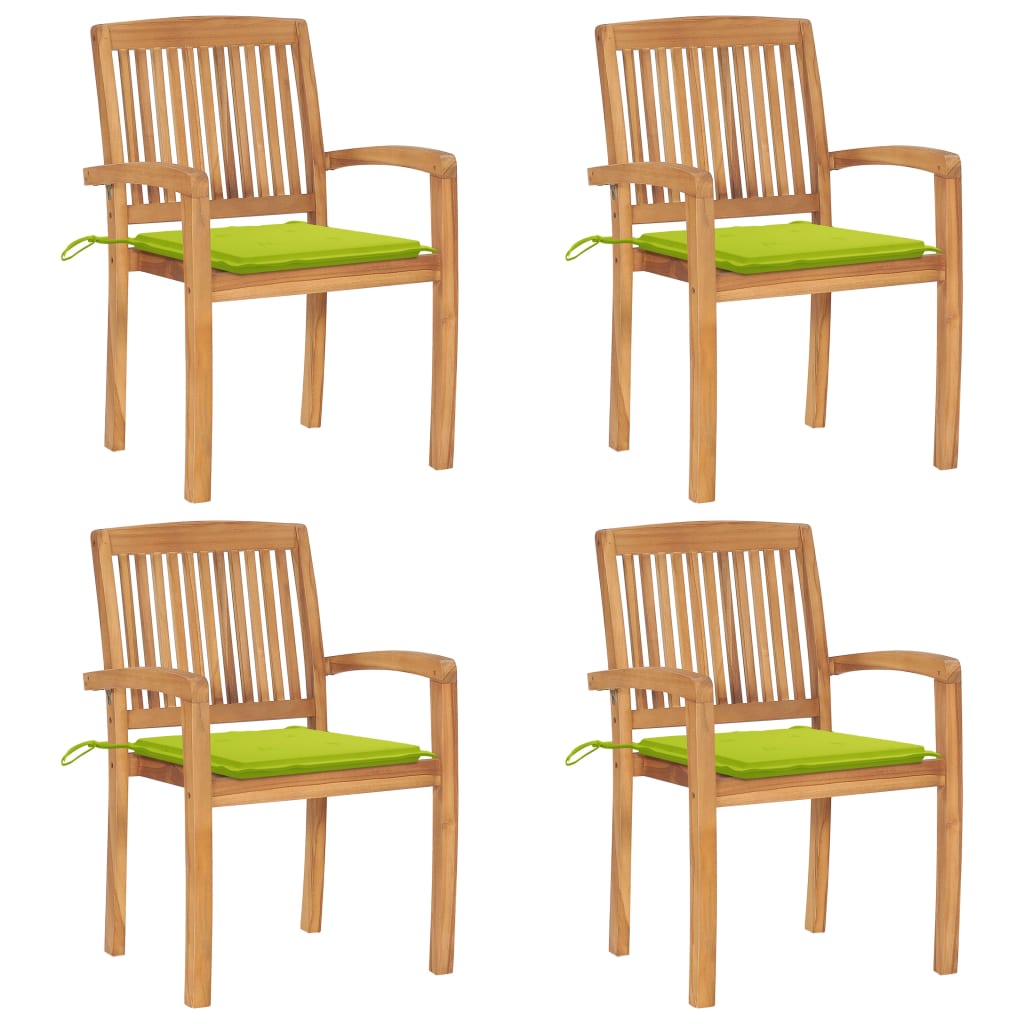 Set Scaune gradina stivuibile cu perne, 4 buc maro/ Verde, lemn masiv de tec 3073221