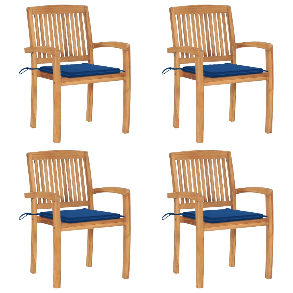 Set Scaune gradina stivuibile cu perne, 4 buc maro/Albastru , lemn masiv de tec 3073220