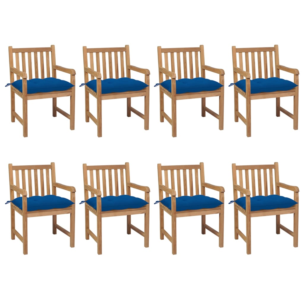 Set de 8 scaune de exterior cu perne vidaXL, Lemn, 58 x 60 x 90 cm, perna 7 cm, Maro/Albastru regal