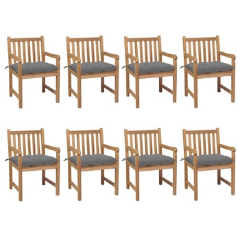 Set de 8 scaune de exterior cu perne vidaXL, Lemn, 58 x 60 x 90 cm, perna 7 cm, Maro/Gri