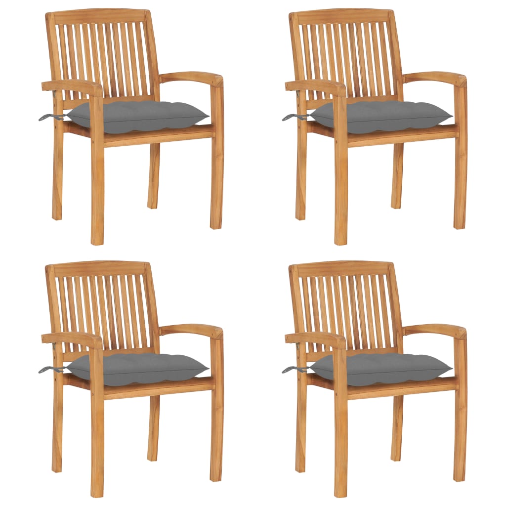 Set Scaune gradina stivuibile cu perne, 4 buc, maro/Gri lemn masiv tec 3073256