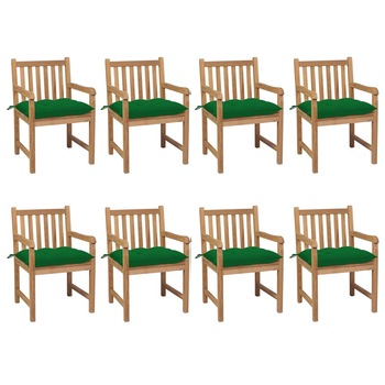Set de 8 scaune de exterior cu perne vidaXL, Lemn, 58 x 60 x 90 cm, perna 7 cm, Maro/Verde