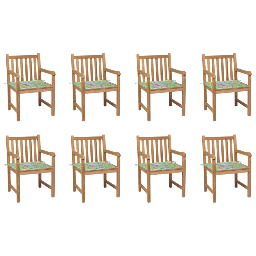 Set Scaune de gradina, perne model frunze, 8 buc maro/ Verde lemn masiv tec 3073070
