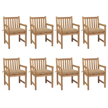 Set de 8 scaune de exterior cu perne vidaXL, Lemn, 58 x 60 x 90 cm, perna 7 cm, Maro/Bej