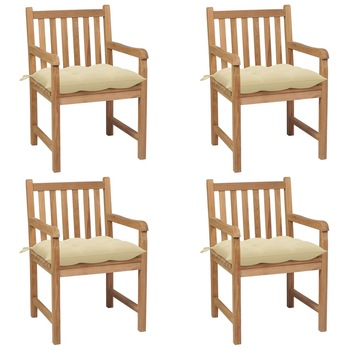 Set de 4 scaune de exterior cu perne vidaXL, Lemn, 58 x 60 x 90 cm, perna 7 cm, Maro/Crem