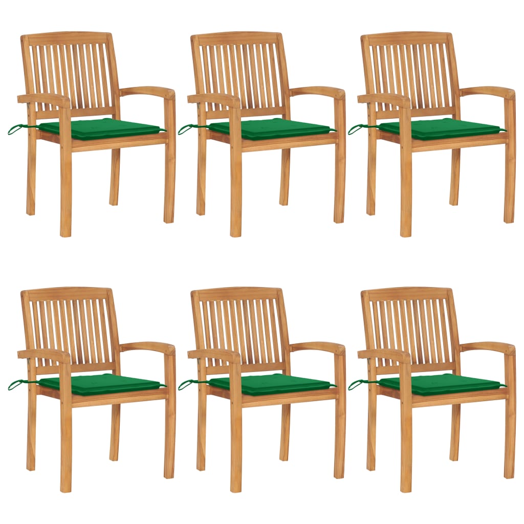 Set Scaune gradina stivuibile cu perne, 6 buc, maro/Verde lemn masiv tec 3073230