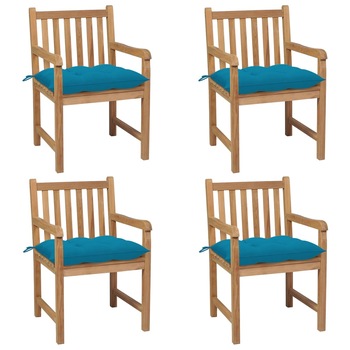 Set de 4 scaune de exterior cu perne vidaXL, Lemn, 58 x 60 x 90 cm, perna 7 cm, Maro/Albastru deschis