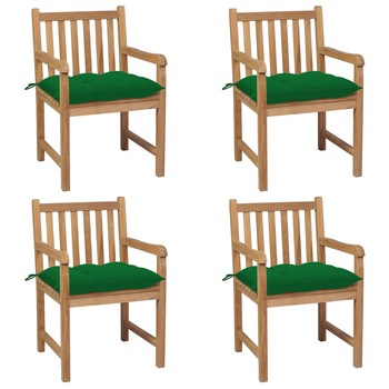 Set de 4 scaune de exterior cu perne vidaXL, Lemn, 58 x 60 x 90 cm, perna 7 cm, Maro/Verde