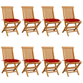 Set de 8 scaune pliabile de exterior cu perne vidaXL, Lemn, 47 x 60 x 89 cm, perna 7 cm, Maro/Rosu
