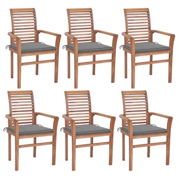 Set Scaune de bucatarie cu perne gri, 6 buc, lemn masiv de tec Set Scaune de bucatarie cu perne gri, 6 buc, lemn masiv de tec