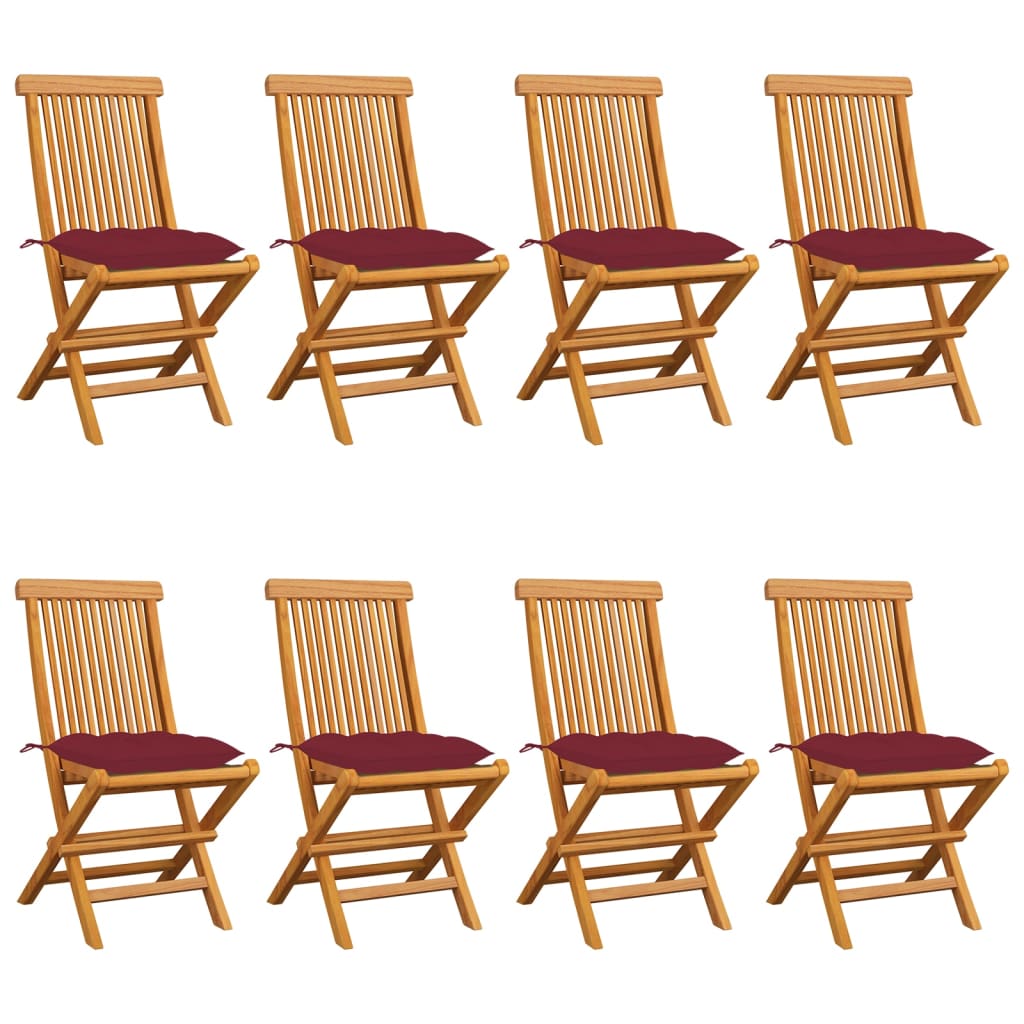Set Scaune de gradina cu perne rosu vin, 8 buc, lemn masiv de tec 3072941