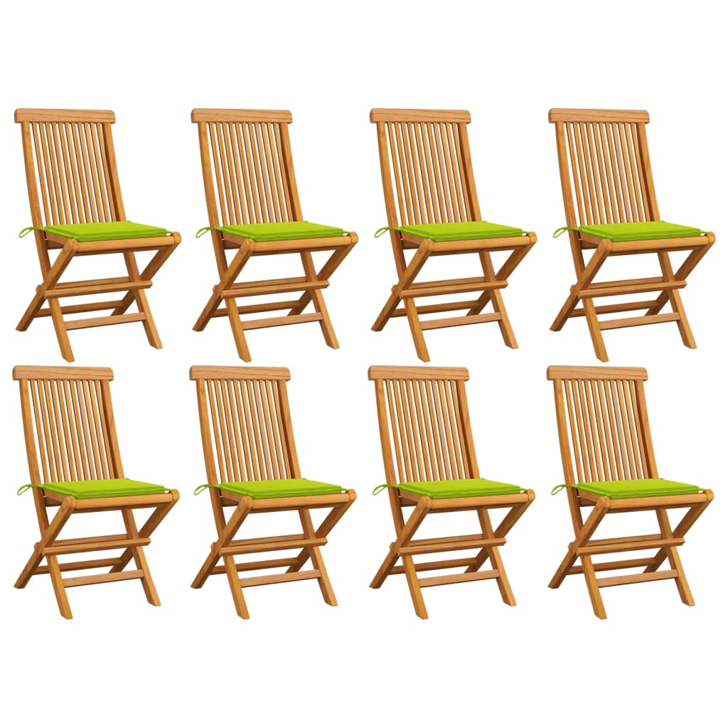 Set de 8 scaune pliabile de exterior cu perne vidaXL, Lemn, 47 x 60 x 89 cm, perna 4 cm, Maro/Verde deschis
