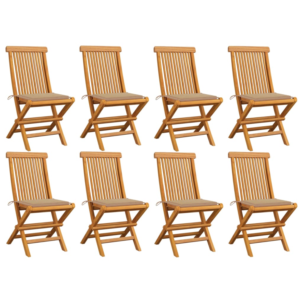 Set de 8 scaune pliabile de exterior cu perne vidaXL, Lemn, 47 x 60 x 89 cm, perna 4 cm, Maro/Bej