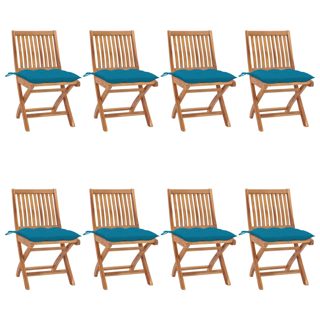 Set Scaune pliabile de gradina cu perne, 8 buc maro/Albastru, lemn masiv de tec 3072880
