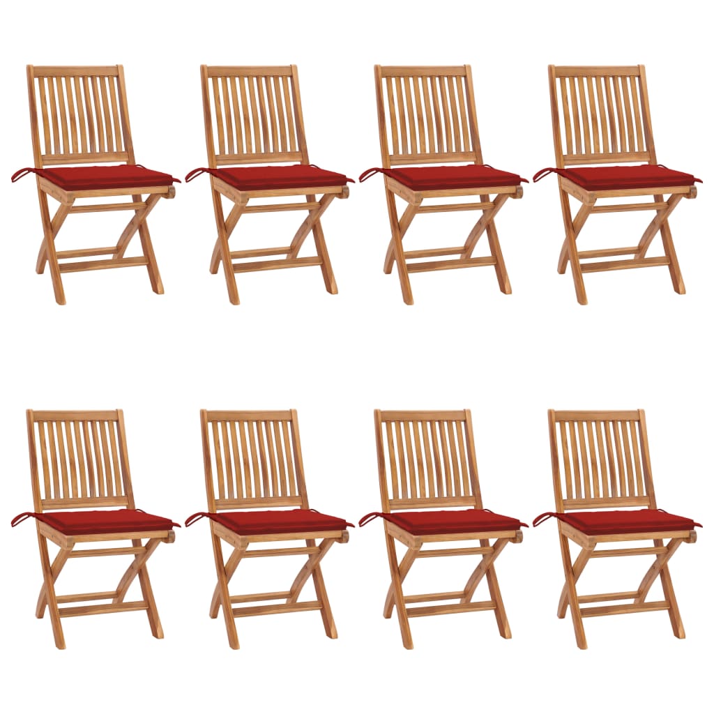 Set Scaune pliabile de gradina cu perne, 8 buc maro/Rosu, lemn masiv de tec 3072867