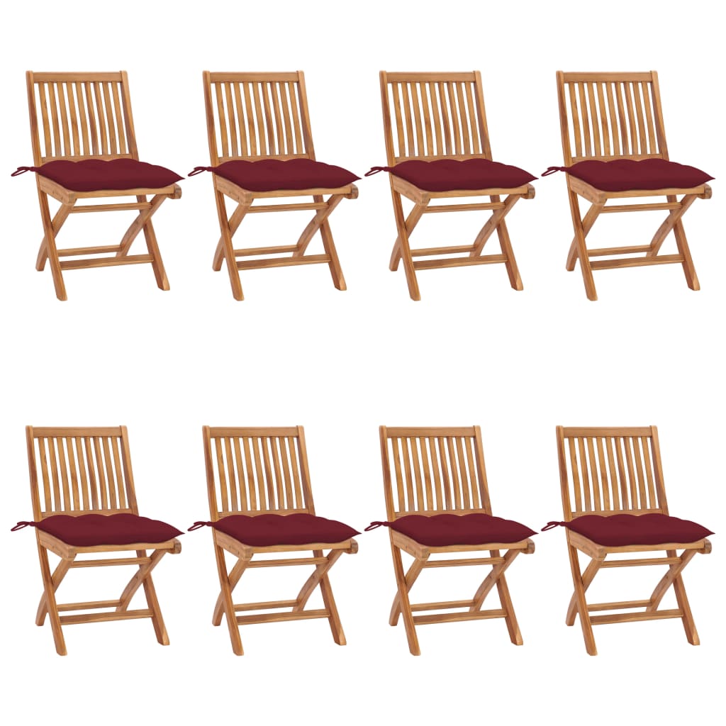 Set Scaune pliabile de gradina cu perne, 8 buc maro/Rosu vin lemn masiv de tec 3072885