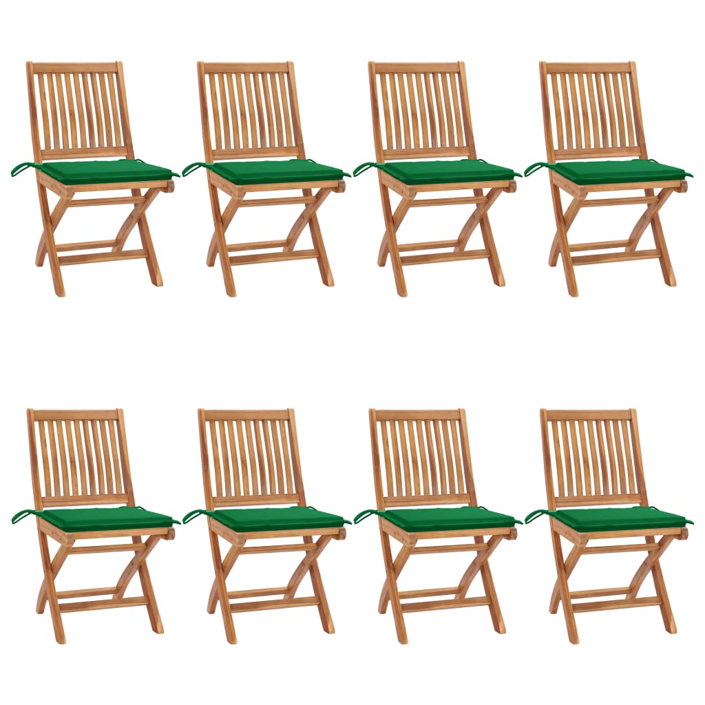 Set Scaune pliabile de gradina cu perne, 8 buc maro/Verde, lemn masiv de tec 3072866