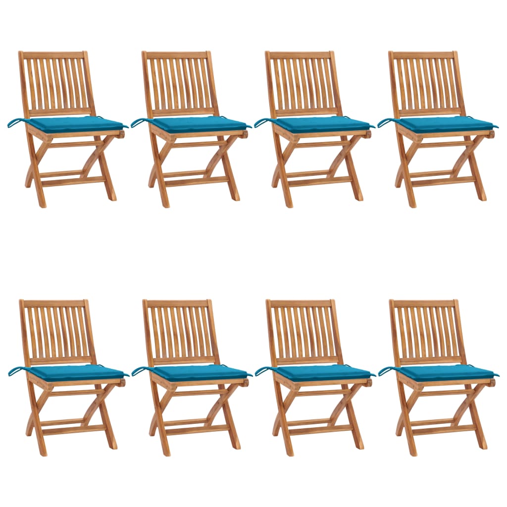 Set Scaune pliabile de gradina cu perne, 8 buc maro/Albastru, lemn masiv de tec 3072865
