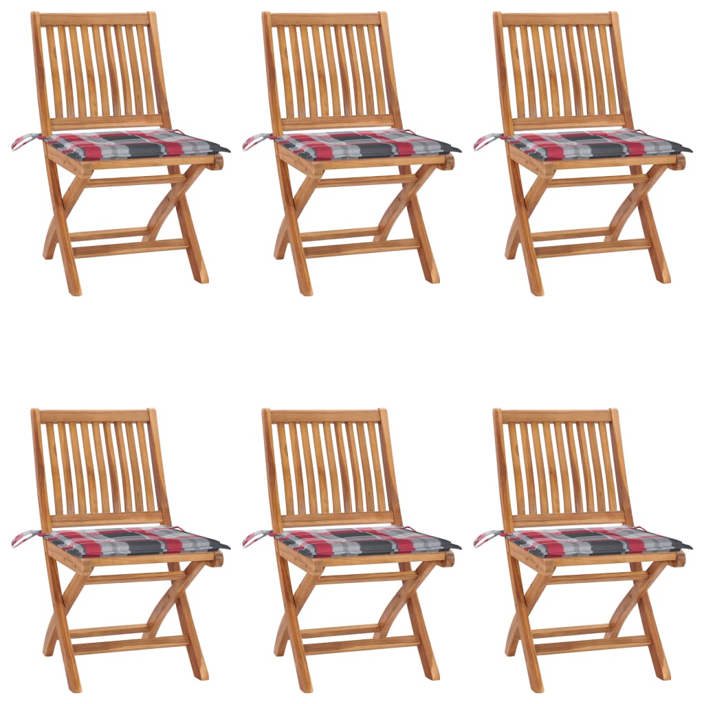 Set Scaune gradina pliabile cu perne model carouri rosii, 6 buc maro/Rosu, lemn masiv tec 3072847