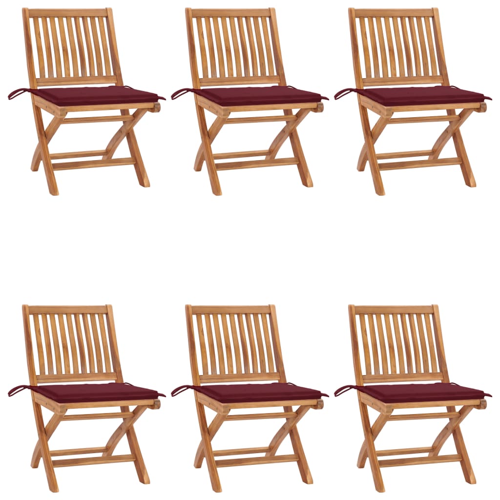 Set Scaune gradina pliabile cu perne, 6 buc maro/rosu vin, lemn masiv tec 3072843