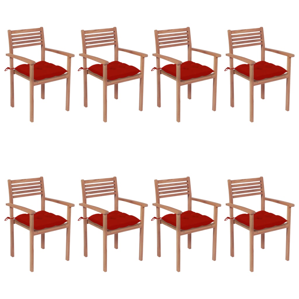 Set Scaune de gradina stivuibile cu perne, 8 buc maro/rosu lemn masiv tec 3072621