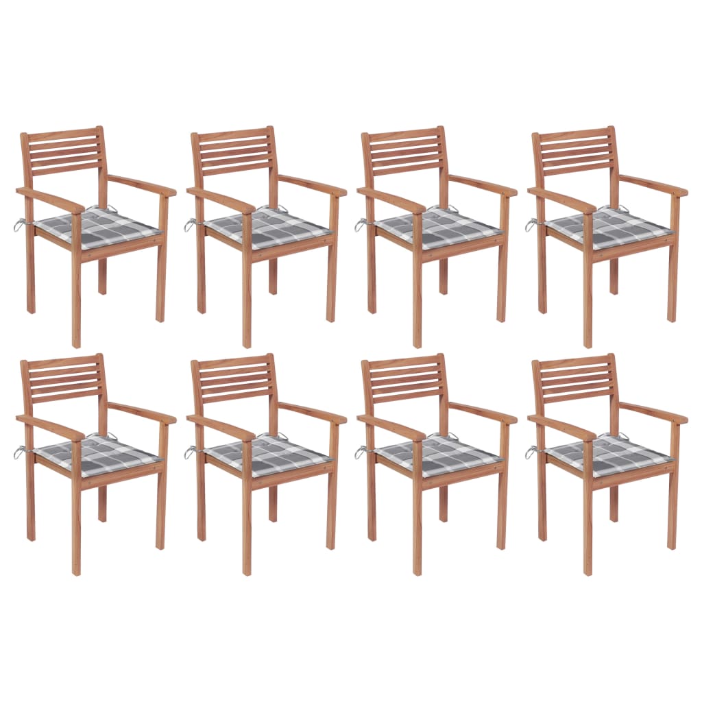 Set Scaune de gradina stivuibile cu perne, 8 buc maro/gri carouri lemn masiv tec 3072614