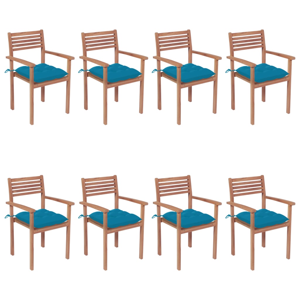 Set Scaune de gradina stivuibile cu perne, 8 buc maro/ albastru lemn masiv tec 3072619