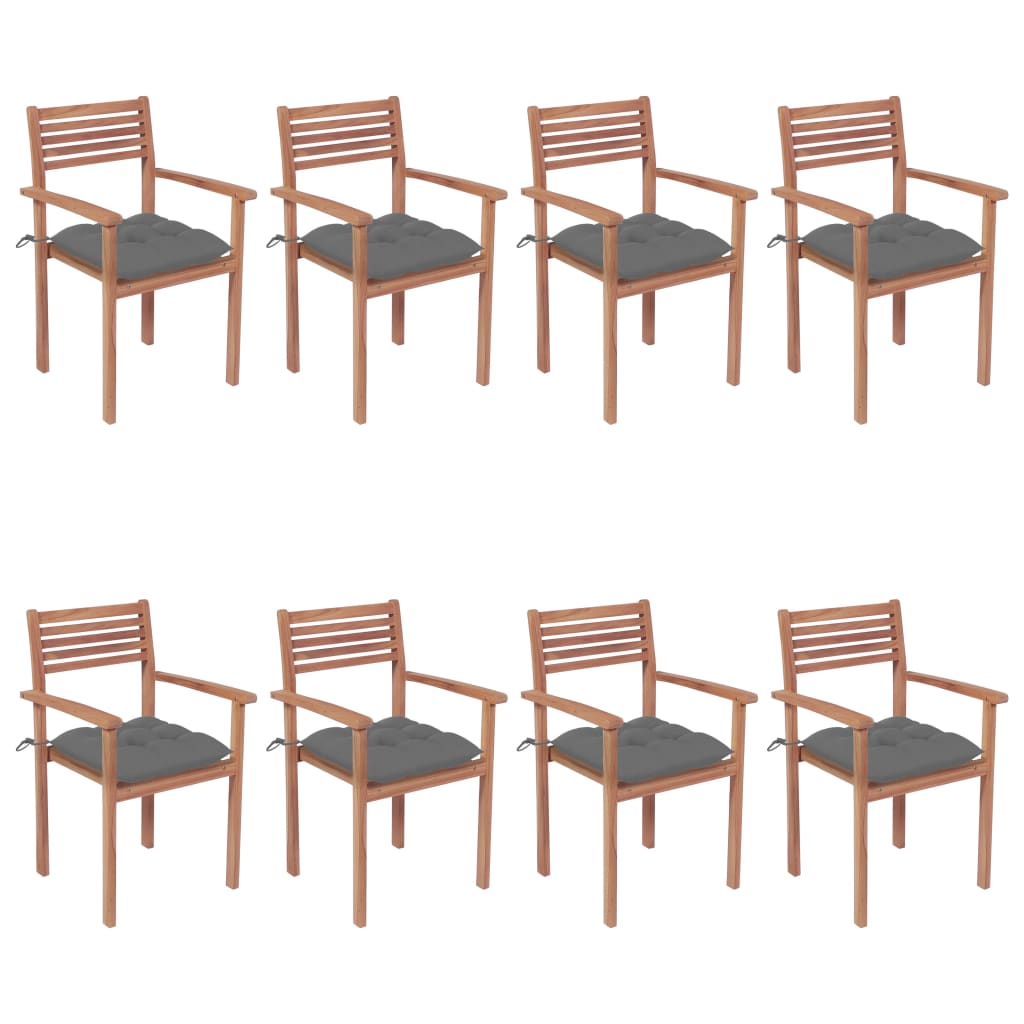 Set Scaune de gradina stivuibile cu perne, 8 buc, maro/gri lemn masiv tec 3072616