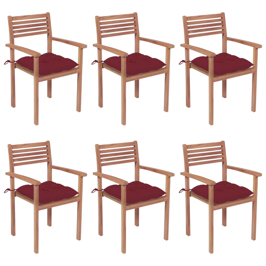 Set de 6 scaune stivuibile de gradina cu perne vidaXL, Lemn, 56 x 51 x 90 cm, perna 7 cm, Maro/Rosu vin