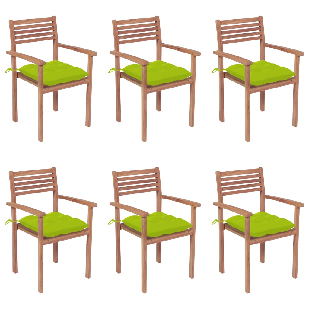 Set de 6 scaune stivuibile de gradina cu perne vidaXL, Lemn, 56 x 51 x 90 cm, perna 7 cm, Maro/Verde deschis
