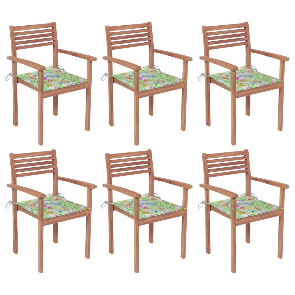 Set Scaune gradina stivuibile cu perne, 6 buc maro/Verde, lemn masiv tec 3072584