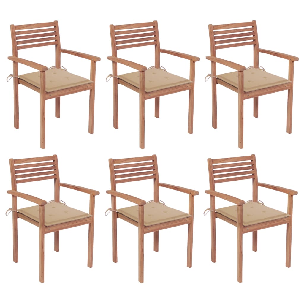 Set Scaune gradina stivuibile cu perne, 6 buc maro/bej, lemn masiv tec 3072575