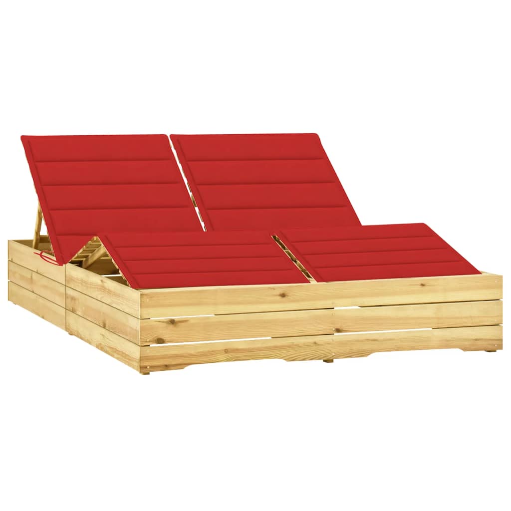 Sezlong dublu si perne rosii, lemn de pin tratat 3065990 198 x 135 x (30-75) cm