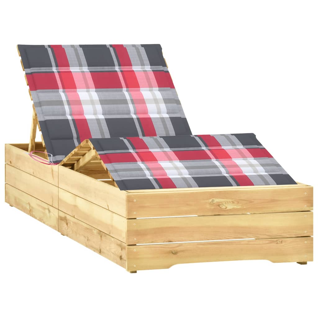 Sezlong cu perna model carouri rosii, lemn de pin tratat 3065952 198 x 90 x (30-75) cm