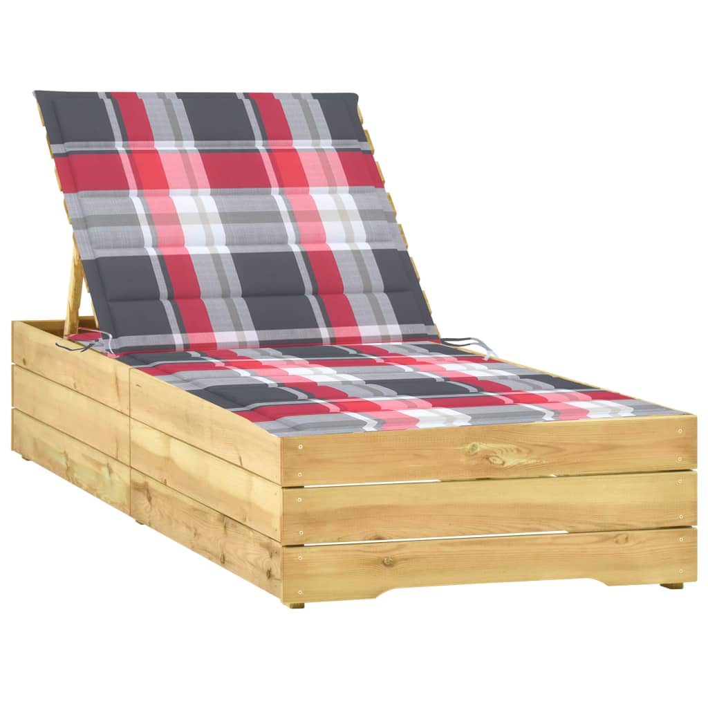 Set sezlong cu perna model carouri rosii, lemn de pin tratat 3065922 198 x 90 x (30-75) cm