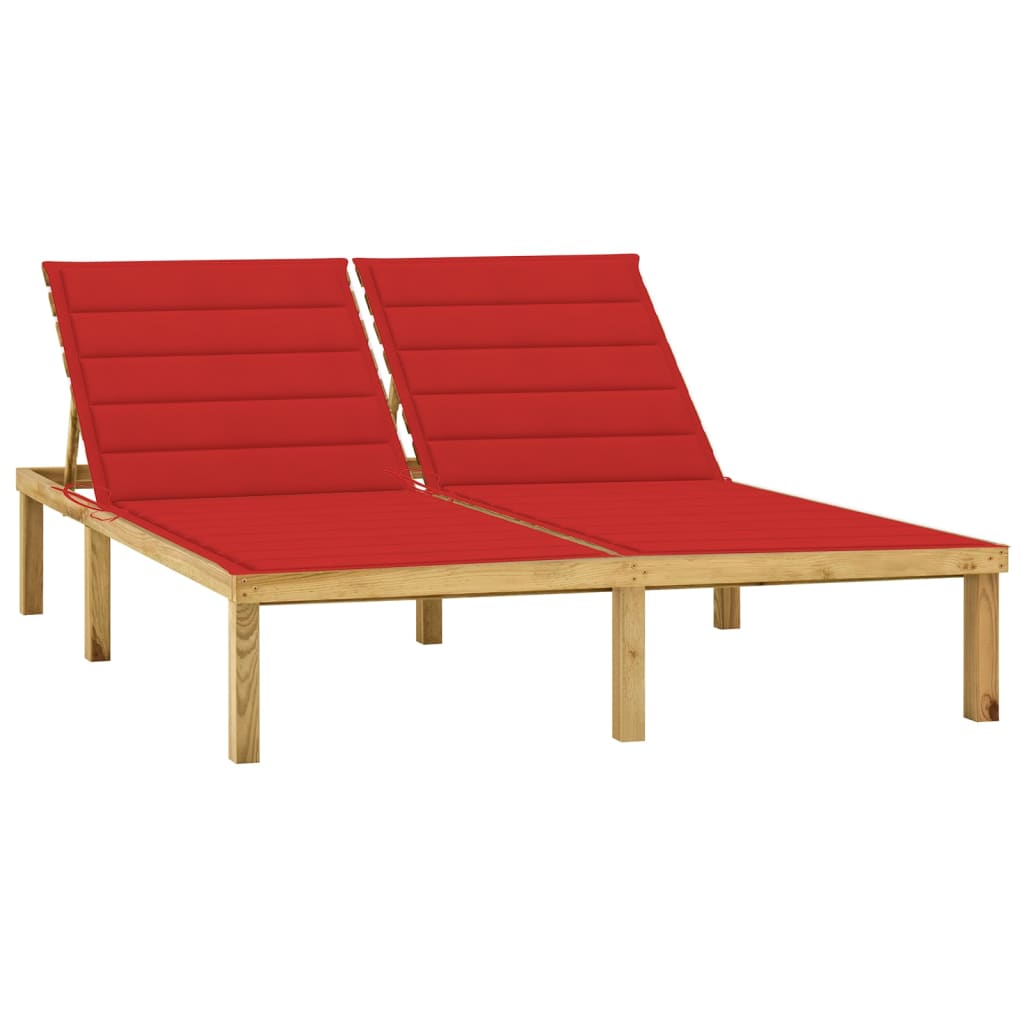 Sezlong dublu cu perne rosii, lemn de pin tratat 3065885 200 x 138 x (31,5-77) cm