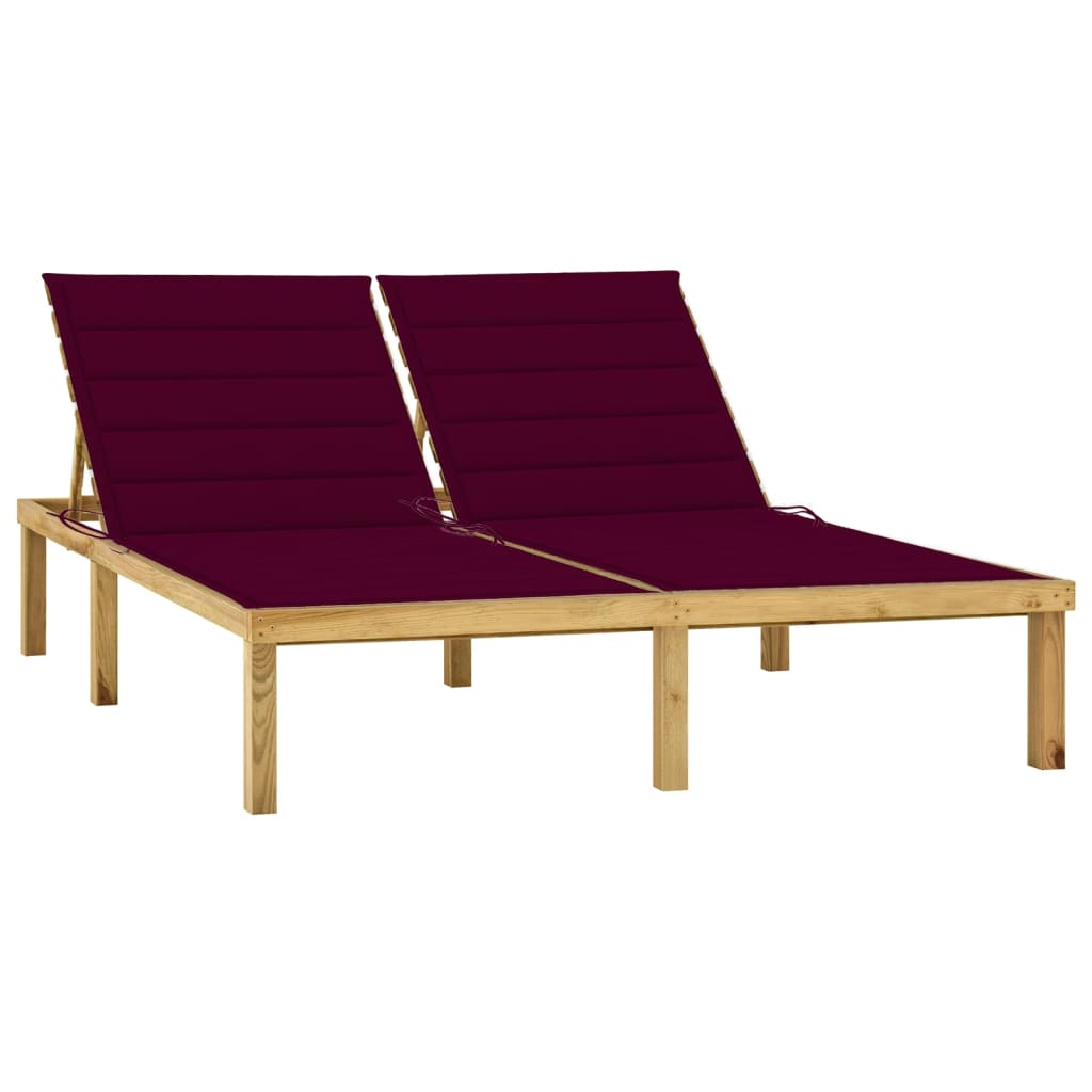 Sezlong dublu cu perne rosu vin, lemn de pin tratat 3065888 200 x 138 x (31,5-77) cm
