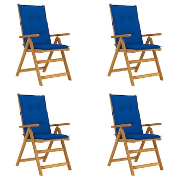 Set de 4 scaune rabatabile de gradina cu perne colorate vidaXL, Lemn de acacia, 57 x 69 x 111 cm, perna 7 cm, Maro/Albastru regal