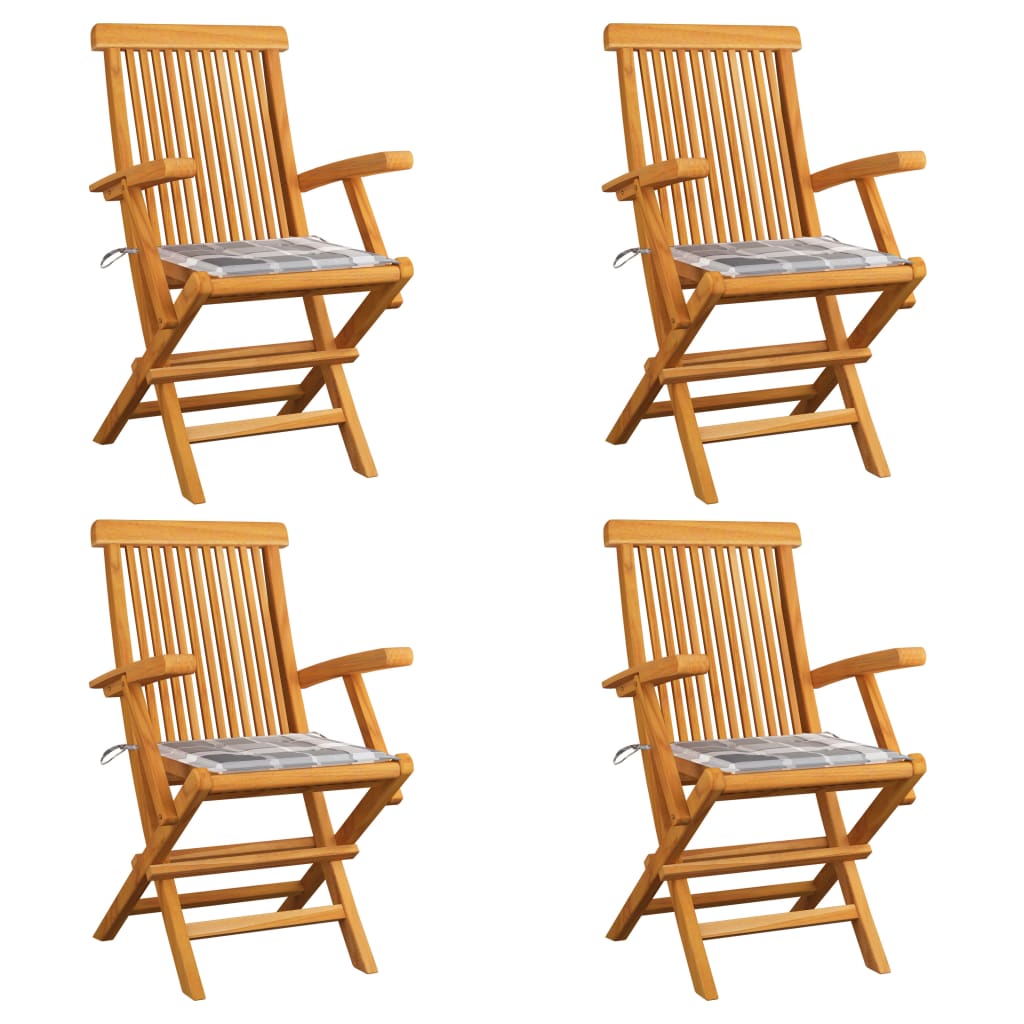 Set Scaune gradina, perne gri model carouri, 4 buc, lemn masiv tec 3065631