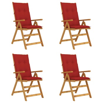 Set de 4 scaune rabatabile de gradina cu perne colorate vidaXL, Lemn de acacia, 57 x 69 x 111 cm, perna 7 cm, Maro/Rosu